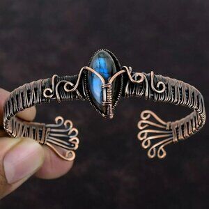 Handcrafted ✦ Marquise Labradorite Bangle ✦ Wire‑Wrapped Copper Bracelet NWT